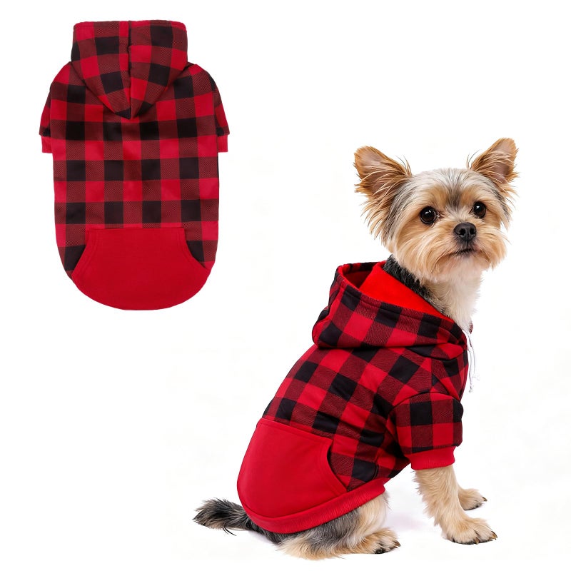 KOOLTAIL Plaid Dog Hoodie Pet Clothes Sweater with Hat and Pocket for Small Medium Large Size Dogs, Soft Winter Warm Dog Cold Weather Coat, Fleece Fall Dog Hooded Sweatshirt for Puppy Cats, Red S - Image 1